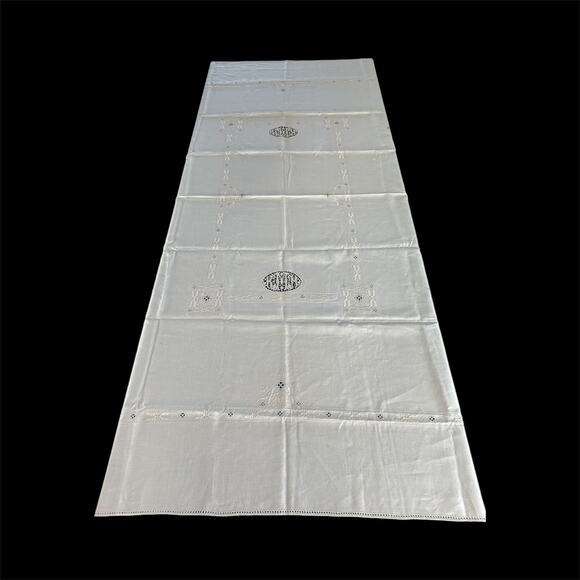 Fine Italian Vintage Linen Tablecloth with 12 Napkins Whitework Monogram Set - Picture 2 of 11